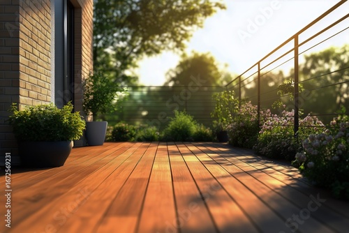 Beautiful Wooden Deck With Plants Bathed in Warm Sunlight During Golden Hour ...