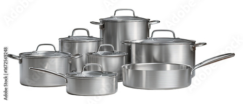 Stainless steel cookware set.  A variety of pots and pans, including stockpots, saucepans, and covered dishes.  Shiny, metallic finish.  Handles and lids included.  Kitchen essentials