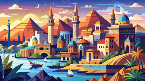 Cairo, Egypt, a city where history and modernity collide. The Nile flows calmly beside towering minarets, bustling bazaars, and the timeless presence of pyramids shaping the ancient horizon.