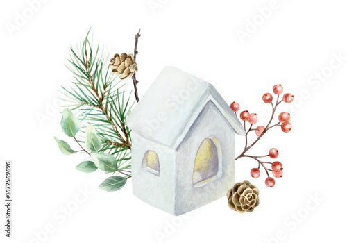 Christmas candlestick house with green fir branch, red berries, eucalyptus leaves and pine cones. Hand drawn watercolor pastel illustration for New Year cards and banners.