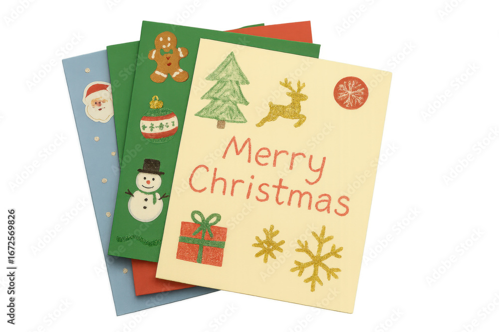 Obraz premium Stack of Christmas Cards with Festive Decorations on Transparent Background