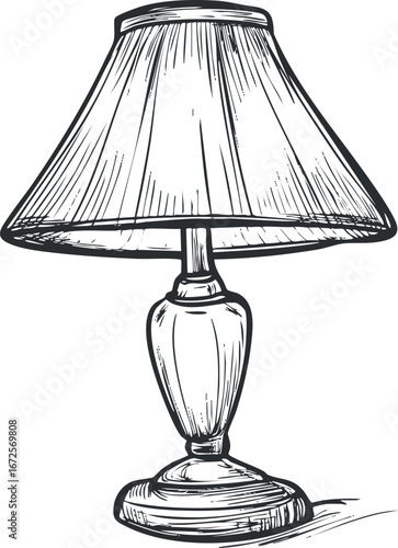 Black and white sketch illustration of a classic table lamp with a wide lampshade and decorative base for home interior lighting