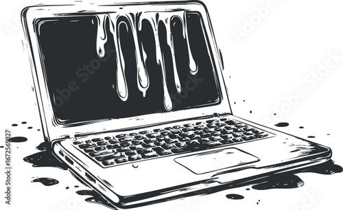 Black and white illustration of a laptop melting and spilling liquid from the screen, symbolizing technology malfunction or damage.