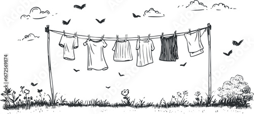 Black and white sketch of various clothes hanging on a clothesline outdoors with birds and grass around.
