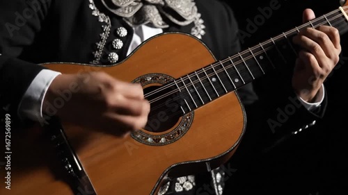 Close-up of a mariachi musician strumming a guitar, showcasing intricate fretwork and traditional attire against a dark background