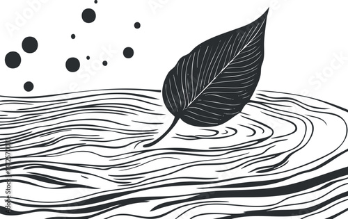 Black and white illustration of a single leaf floating on water with ripples and circular patterns