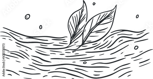 Hand drawn black and white line art of leaves floating on water with flowing waves and ripples