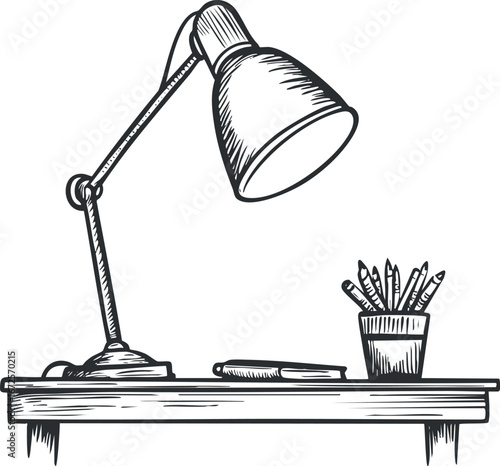 Black and white illustration of a desk with an adjustable lamp, pencils in a holder, and a closed notebook.