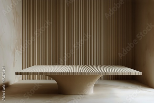 Modern Wooden Table With Sunlight Casting Shadows on Textured Wall.