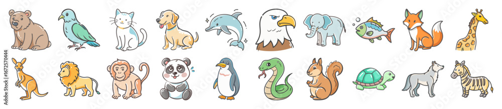 Naklejka premium Cute doodle animal icons collection - Set of colorful doodle style icons featuring a variety of animals including pets, wild creatures, birds, reptiles, and sea life.