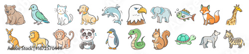 Cute doodle animal icons collection - Set of colorful doodle style icons featuring a variety of animals including pets, wild creatures, birds, reptiles, and sea life.