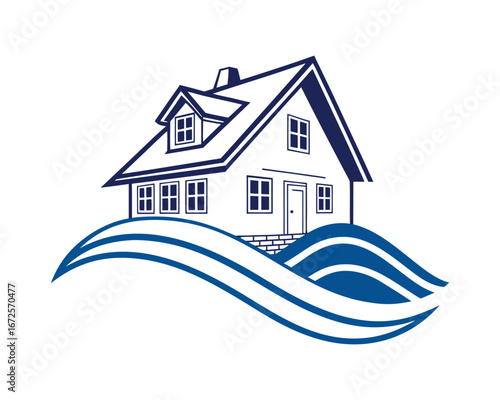 Stylized House on Flowing Blue Waves Vector Illustration for Real Estate and Home Design Concepts Modern and Clean Design