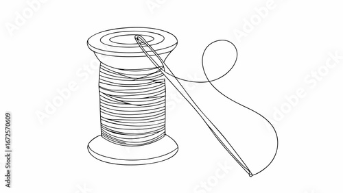 continuous one line art drawing of sewing needle jpg on white background