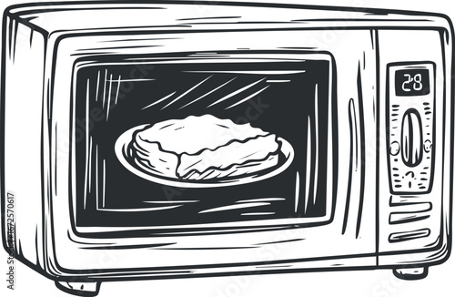 Black and white illustration of a microwave oven with a plate of food heating inside, kitchen appliance