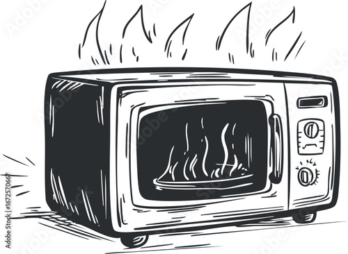 Black and white illustration of a microwave oven on fire with flames and smoke indicating overheating and danger