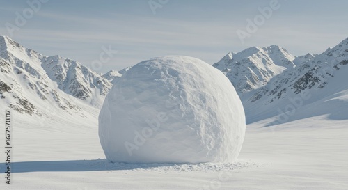 Large snowball sits in snowy valley mountains in distance clear sky
