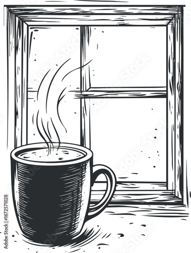 Black and white illustration of a steaming coffee cup on a table by a rustic wooden window frame