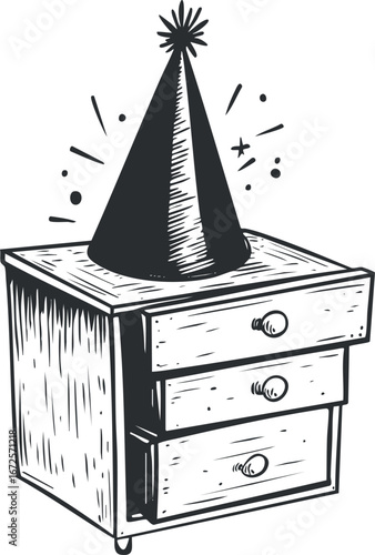 Black and white sketch of a wooden three-drawer cabinet with a party hat on top