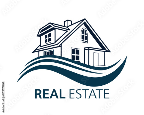 Elegant Real Estate Logo Design with House and Waves for Property Business Marketing and Investment Opportunities Ideal for Branding and Promotion
