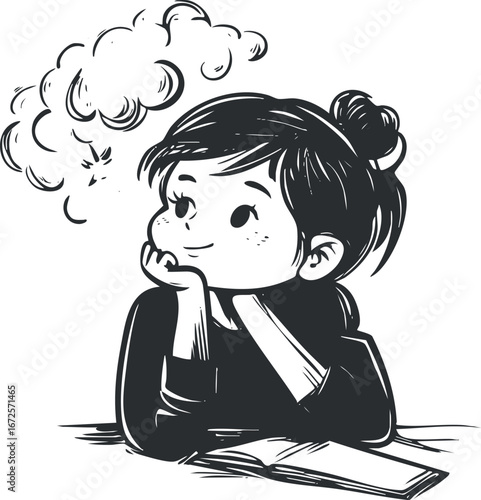 Black and white sketch of a young girl daydreaming with a smile while resting her head on her hand