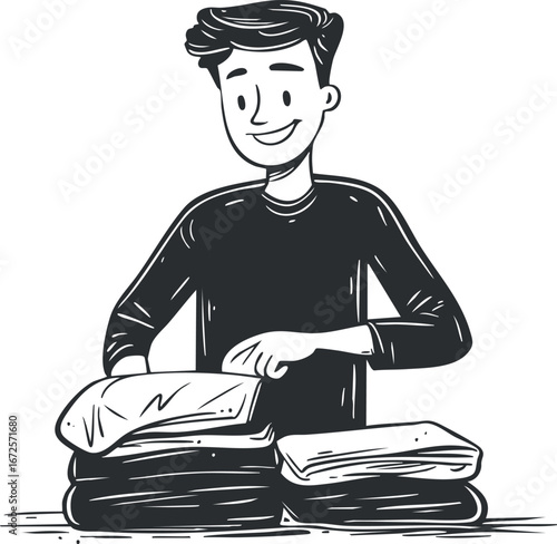 Illustration of a young man folding clothes and organizing a stack of laundry at home
