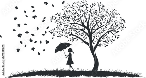 Silhouette of a girl holding an umbrella standing under a tree with leaves blowing in the wind during autumn