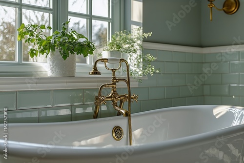 Elegant Bathroom Design Featuring a Vintage Bathtub and Sunlight Streaming Th...