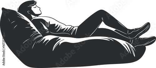 Silhouette of a young woman relaxing and reclining comfortably on a large beanbag chair