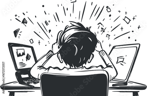 Frustrated person sitting at desk with laptop and desktop computer experiencing stress and overwhelm