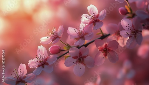 Cherry Blossoms Bloom During Springtime, Creating a Vibrant and Colorful Disp...