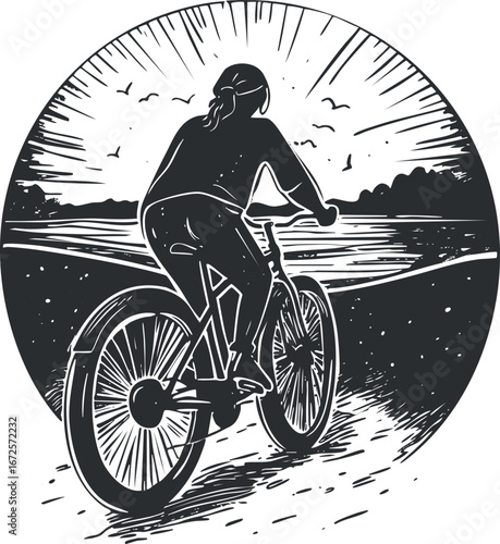 Silhouette of a woman riding a bicycle along a lakeside road during sunset in nature.
