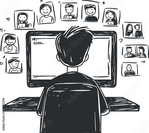 Hand-drawn illustration of a person attending a virtual video conference meeting on a computer screen