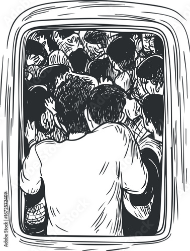 Black and white sketch of a crowded train full of people seen through a window during rush hour commute
