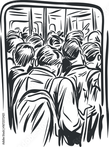 Black and white sketch of a crowded group of people standing inside public transport during rush hour commute