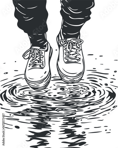 Black and white illustration of sneakers jumping into a water puddle creating ripples and splash