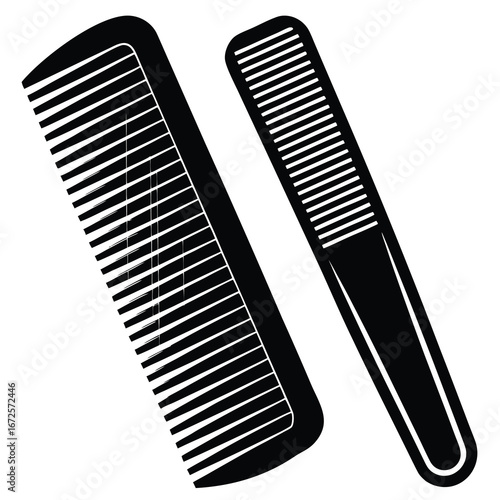 Two Black Hair Combs of Different Sizes on a White Background grooming styling