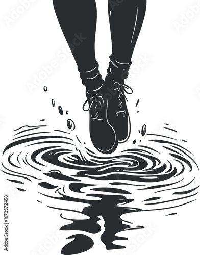 Black and white illustration of a person jumping into a water puddle causing a splash and ripple effect