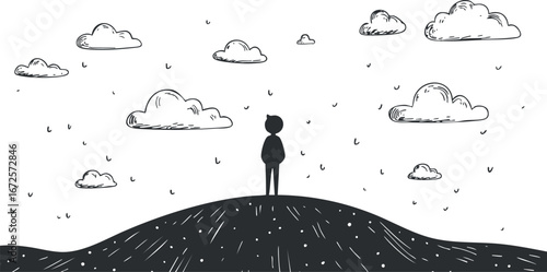 Silhouette of a person standing alone on a hill watching cloudy sky with rain in monochrome illustration.