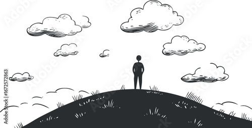 Silhouette of a person standing on a grassy hill under a sky with multiple hand-drawn clouds in a peaceful outdoor landscape.