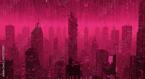 Pink cityscape with tall buildings  rainlike light streaks overhead