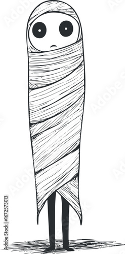 Black and white cartoon illustration of a scared character wrapped in bandages resembling a mummy or ghost costume.