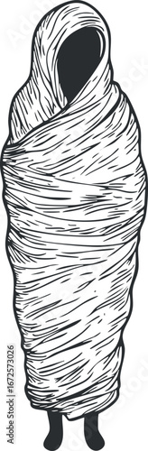 Black and white illustration of a mummy wrapped in bandages with a dark, empty face.