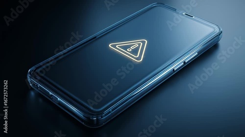Wallpaper Mural Futuristic smartphone displaying a prominent glowing triangular alert symbol on a sleek dark background indicating a potential issue or important digital notification Torontodigital.ca