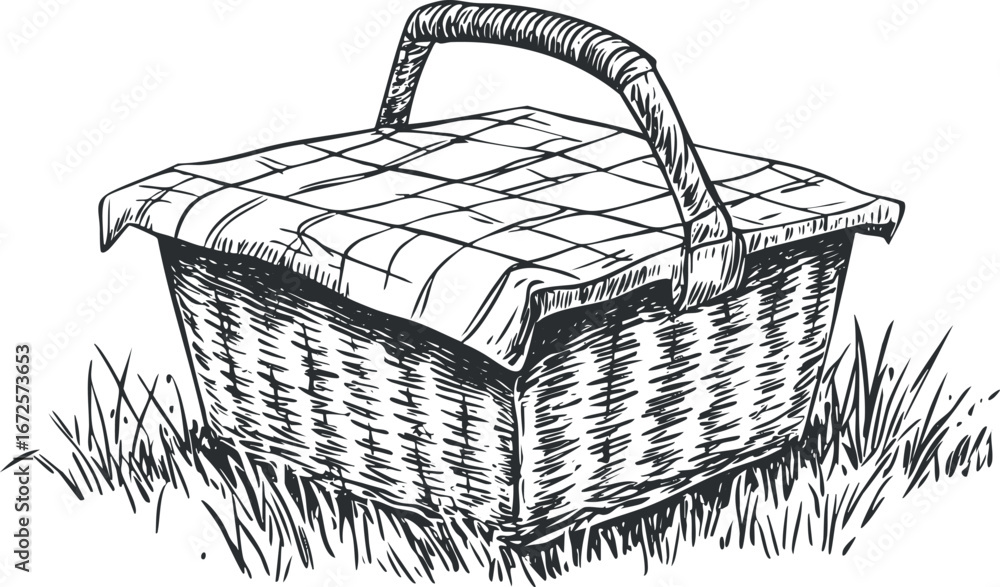 Obraz premium Black and white hand-drawn illustration of a picnic basket with a checkered cloth cover on grass.