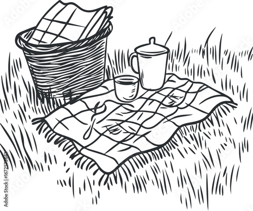 Black and white line drawing of a picnic setup with a basket, checkered blanket, cup, and jug on grass.