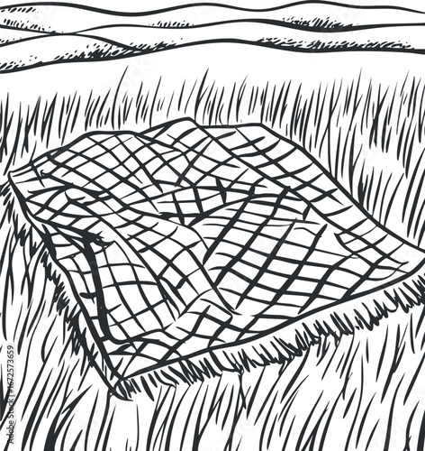 Black and white illustration of a plaid blanket spread on grass in an open field landscape