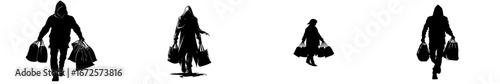 A thief with a minimalist style is seen carrying a bag set against a modern black silhouette on a white background