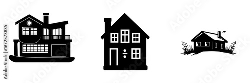 A black and white house icon featuring a stylized human figure symbolizes home ownership or real estate on a transparent background