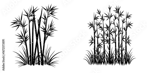 The image, titled Silhouettes of Bamboo Forest, presents a peaceful and minimalist scene, showcasing a elegant grouping of bamboo stalks and lush greenery, all set against a backdrop that evokes