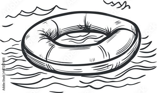 Hand drawn illustration of a lifebuoy floating on water with waves and ripples around it